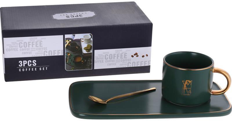 Кофейный набор Coffee Prelude "Bona" 200мл с тарелкой и ложкой, зеленый BD-984-209