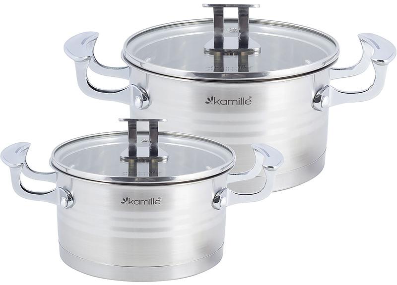 Набор 2 кастрюли Kamille Casserote 1.5л и 2.4л из нержавеющей стали со стеклянными крышками KM-5860