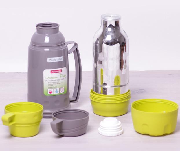Термос Kamille Glass Pleasure 1000мл зеркальная колба, 2 чашки KM-2080