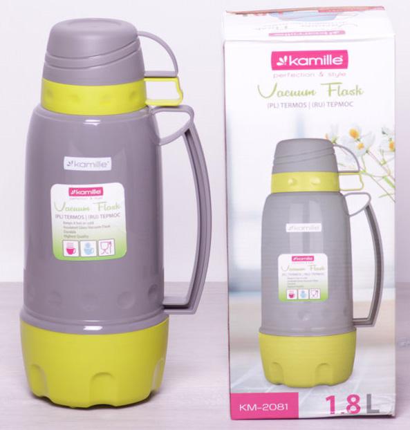 Термос Kamille Glass Pleasure 1800мл зеркальная колба и 2 чашечки KM-2081