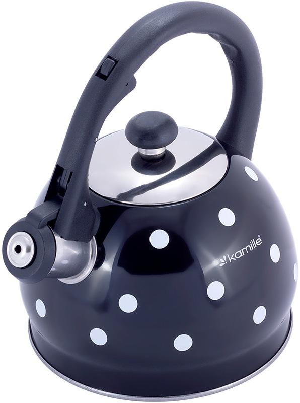 Чайник Kamille Polka Dot Kettle 2л из нержавеющей стали со свистком, в горошек, черный KM-1070BL