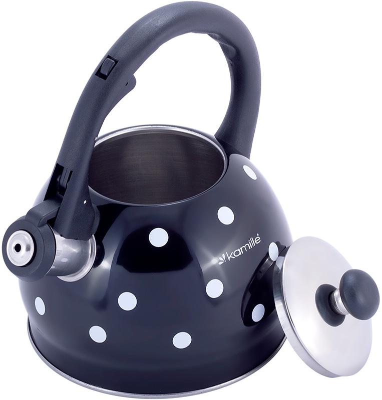 Чайник Kamille Polka Dot Kettle 2л из нержавеющей стали со свистком, в горошек, черный KM-1070BL