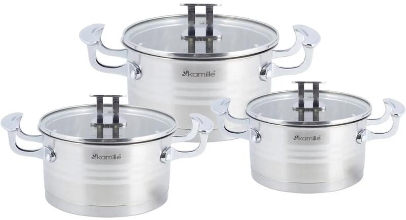Набор 3 кастрюли Kamille Casserote 1.7л, 2.4л, 3.1л из нержавеющей стали со стеклянными крышками KM-5861