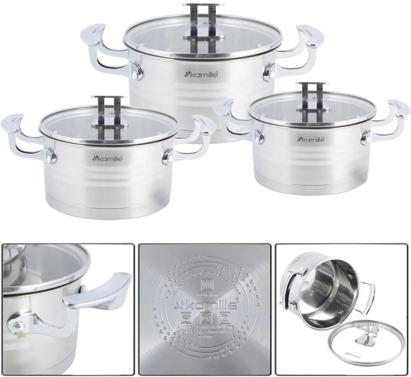 Набор 3 кастрюли Kamille Casserote 1.7л, 2.4л, 3.1л из нержавеющей стали со стеклянными крышками KM-5861