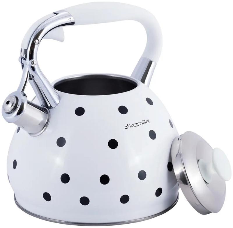 Чайник индукционный Kamille White 3л со свистком (белый в черный горох) KM-0695WH