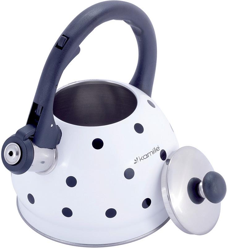 Чайник Kamille Polka Dot Kettle 2л из нержавеющей стали со свистком, в горошек, белый KM-1070WH