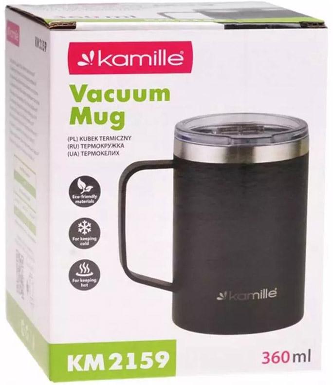 Термокружка Kanille Black 360мл с ручкой, черная KM-2159
