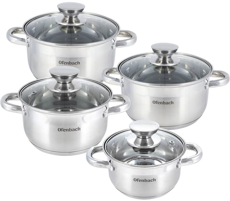 Набор 4 кастрюли Ofenbach Casserole из нержавеющей стали (1.1л, 1.7л, 2.4л, 3.4л) со стеклянными крышками NB-100004