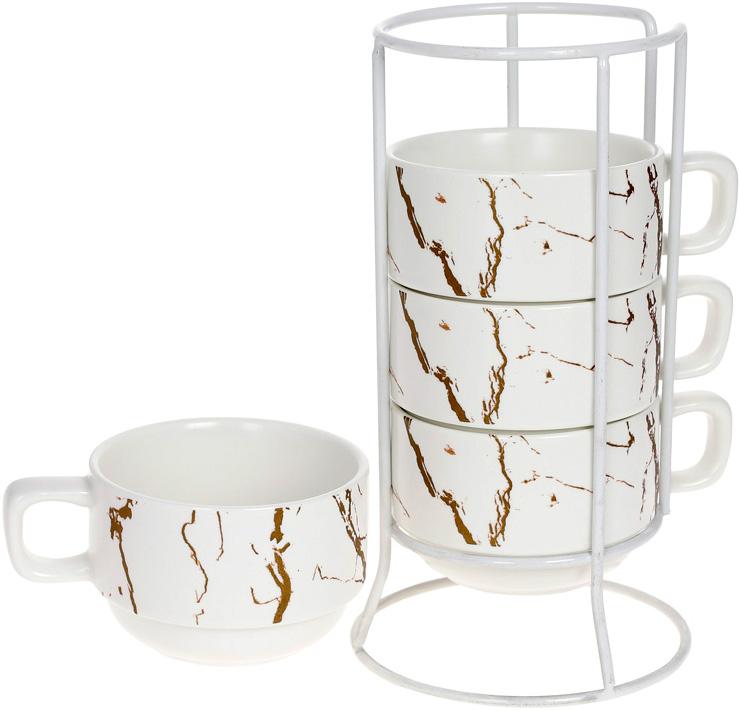 Set of 4 porcelain mugs "Marble Luxury" 200ml on a stand, white with gold BD-805-725