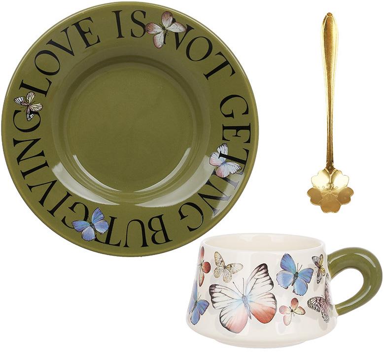 Tea cup "Butterfly" 270ml with saucer and spoon, olive, in gift box BD-992-855