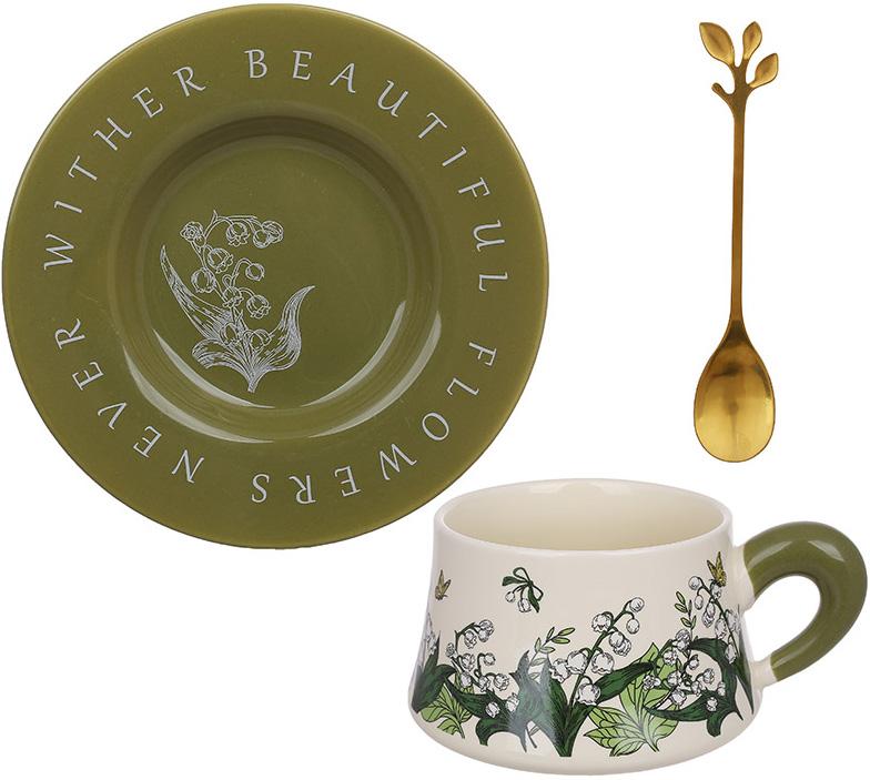 Tea cup "Lily of the Valley" 270ml with saucer and spoon, olive, in gift packaging BD-992-838