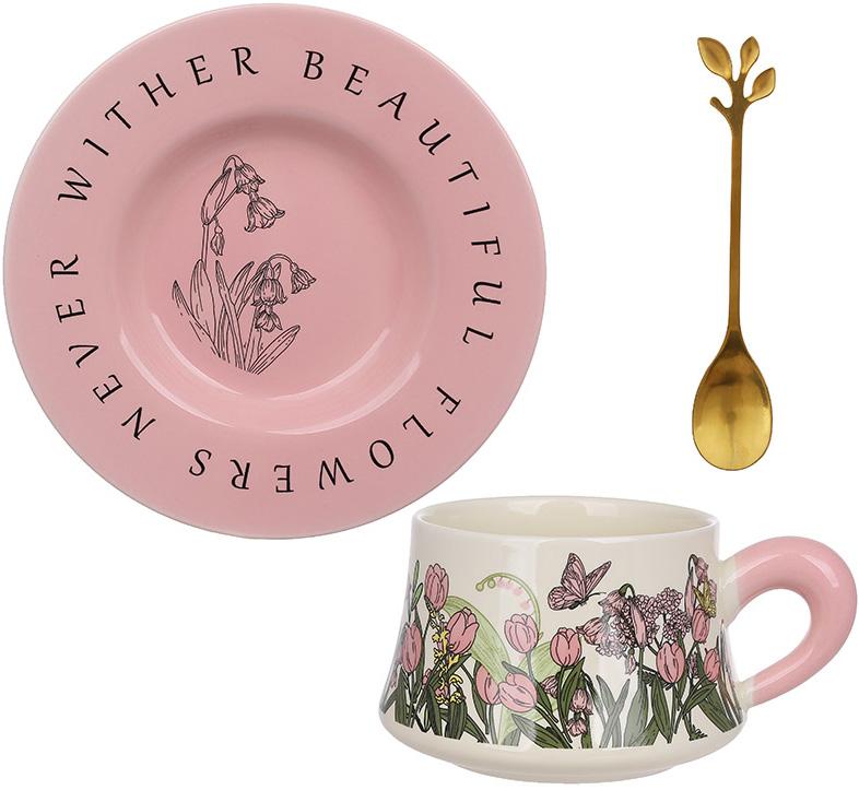 Tea cup "Lily of the valley" 270ml with saucer and spoon, pink, gift wrapped BD-992-839