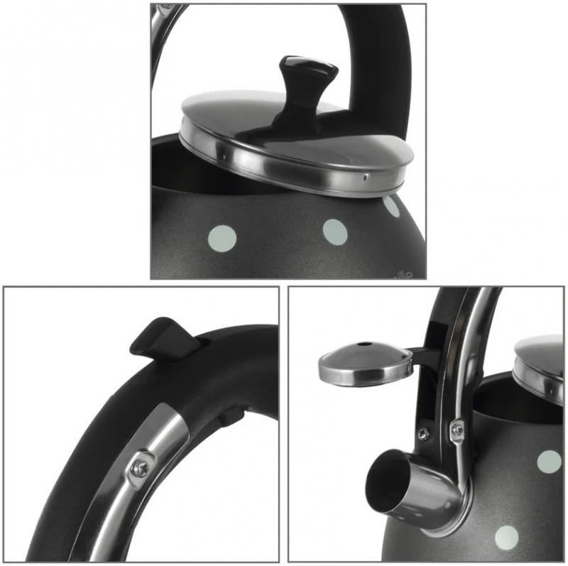 Kamille Whistling Kettle Black 2.5L Stainless Steel Kettle with Whistle (Black Polka Dot) KM-1099-BL