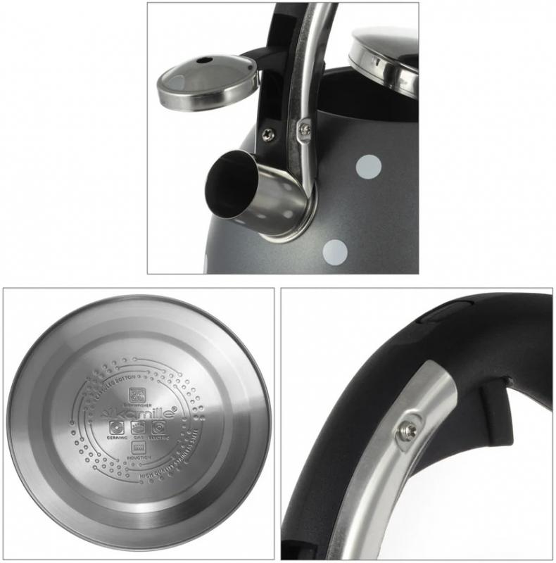 Чайник Kamille Whistling Kettle Grey 2.5л из нержавеющей стали со свистком (серый в горох) KM-1099-GR