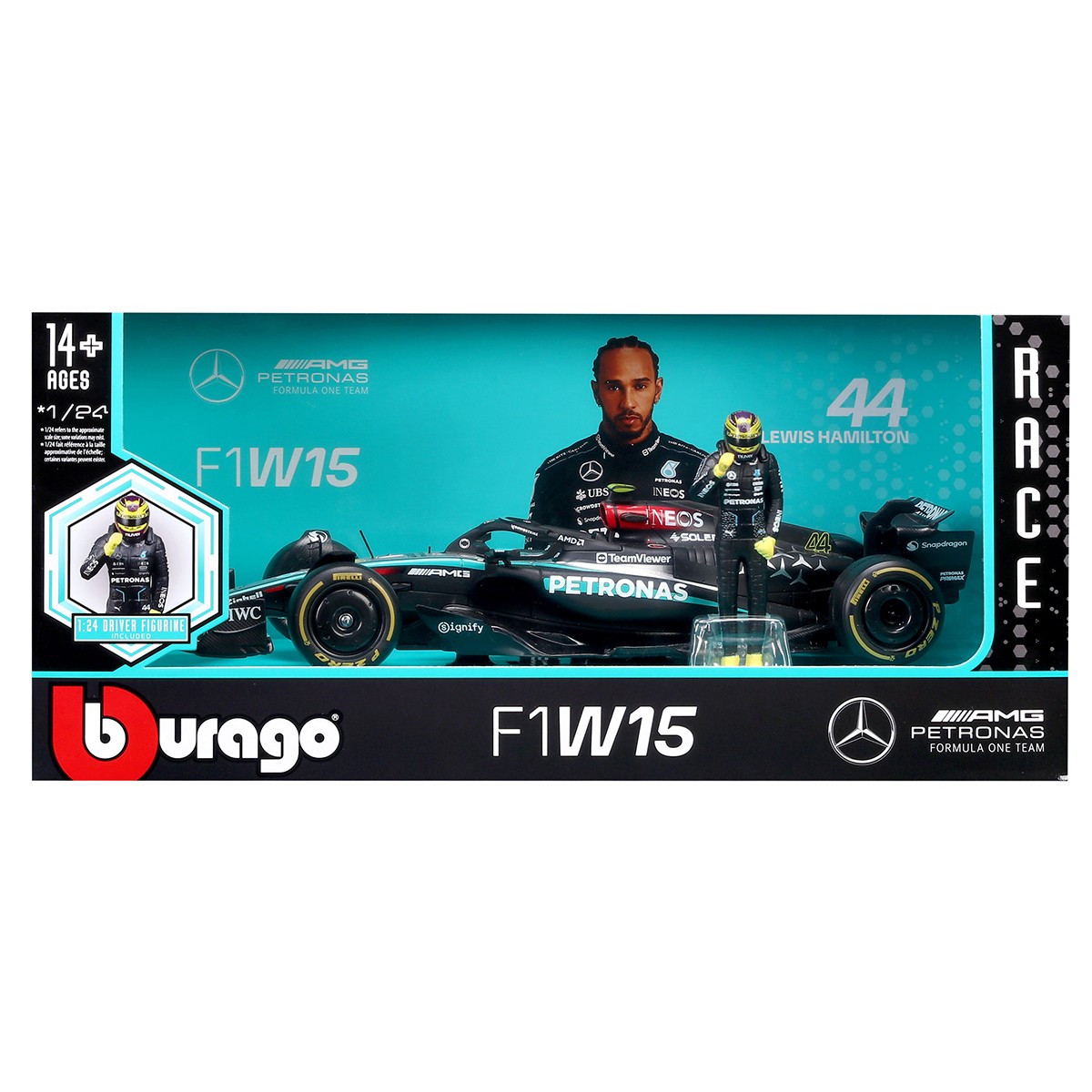 Автомодель с фигуркой – Mercedes‑AMG Petronas F1 W15 (2024) (1:24)