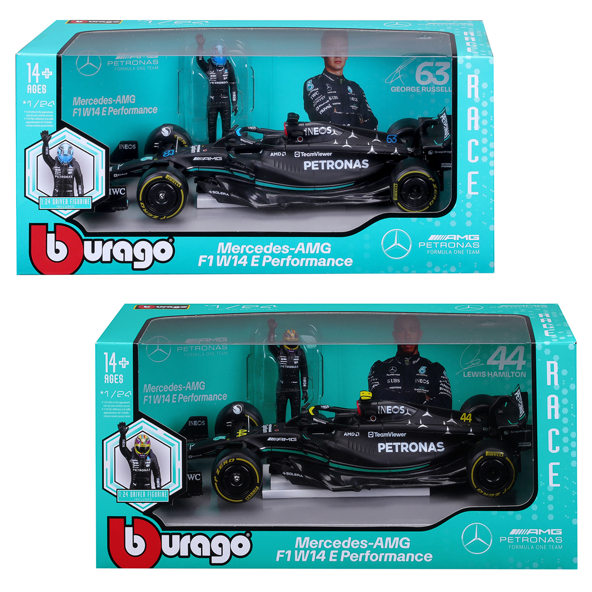 Car model with action figure - Mercedes-AMG F1 W14 E Performance (1:24)