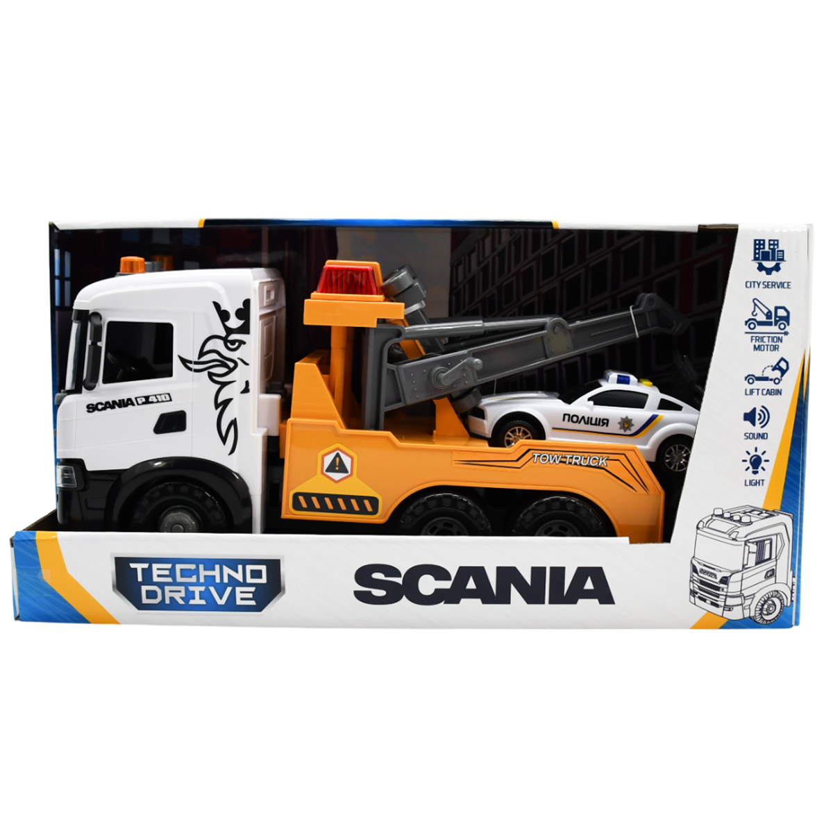 Mid Truck Playset – Scania Tow Truck with Police Car (lights and sounds)