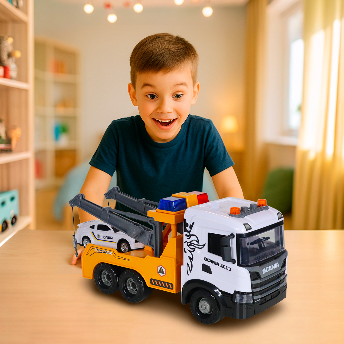 Игровой набор серии Mid Truck – Эвакуатор Scania с машиной полиции (свет, звук)