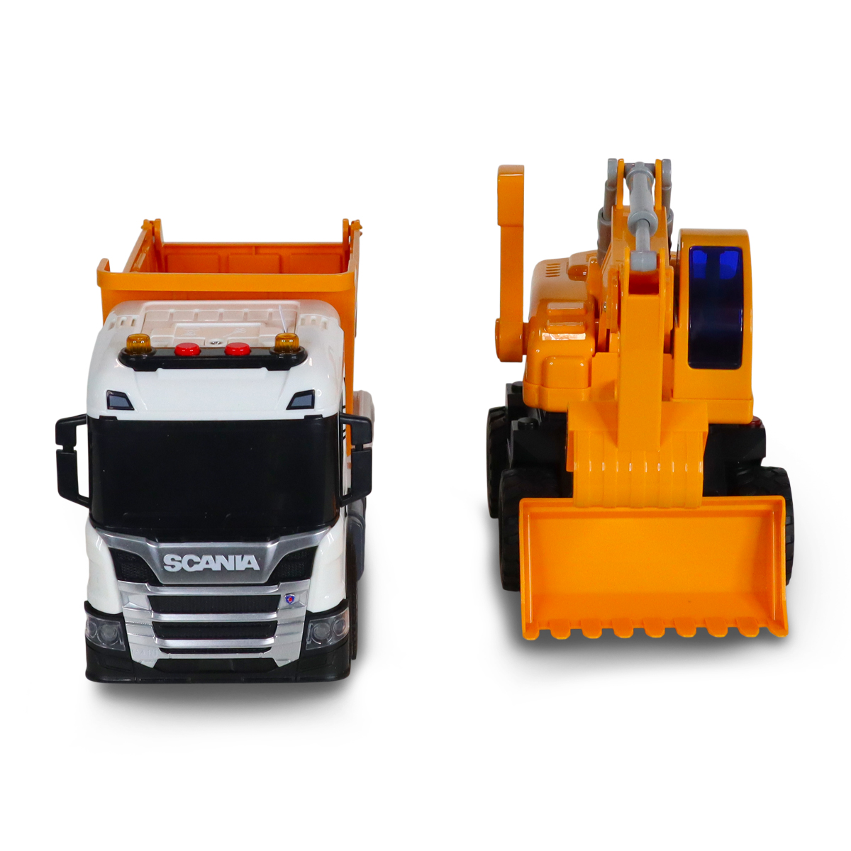 2-in-1 Truck Playset – Scania Dump Truck and Excavator (Lights and Sounds)