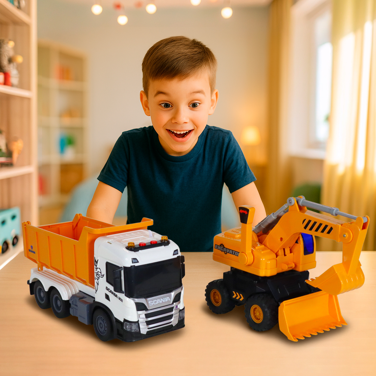 2-in-1 Truck Playset – Scania Dump Truck and Excavator (Lights and Sounds)