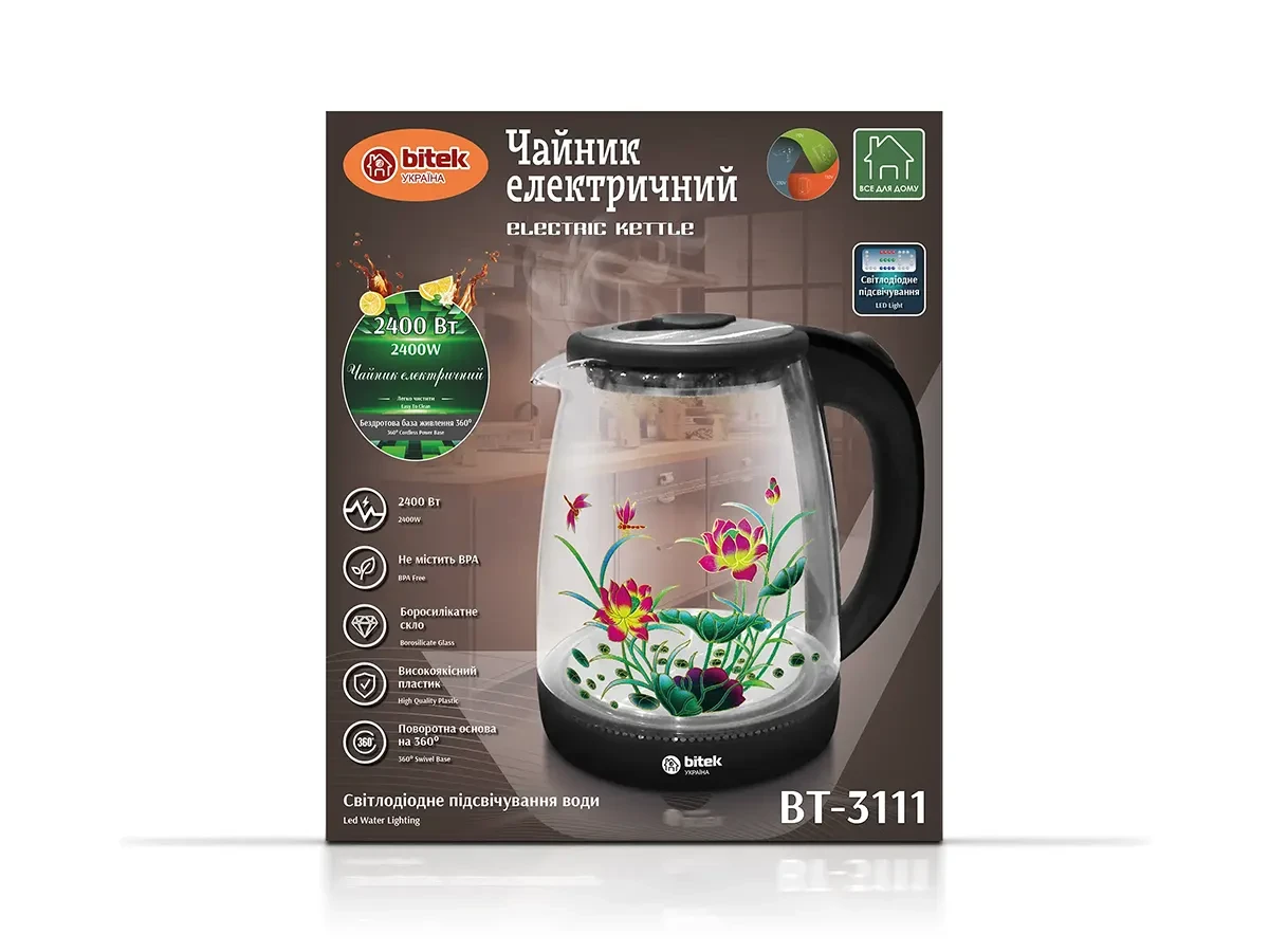 Electric glass kettle with flower 1.8l 2400W blue LED-light BITEK BT-3111