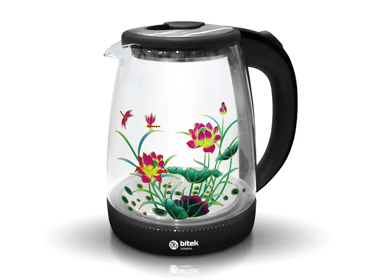 Electric glass kettle with flower 1.8l 2400W blue LED-light BITEK BT-3111