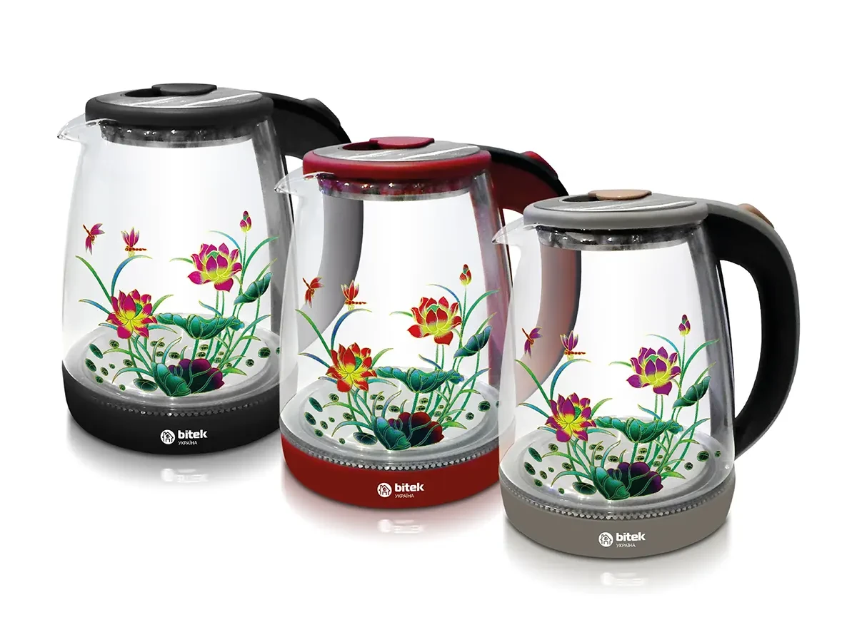 Electric glass kettle with flower 1.8l 2400W blue LED-light BITEK BT-3111