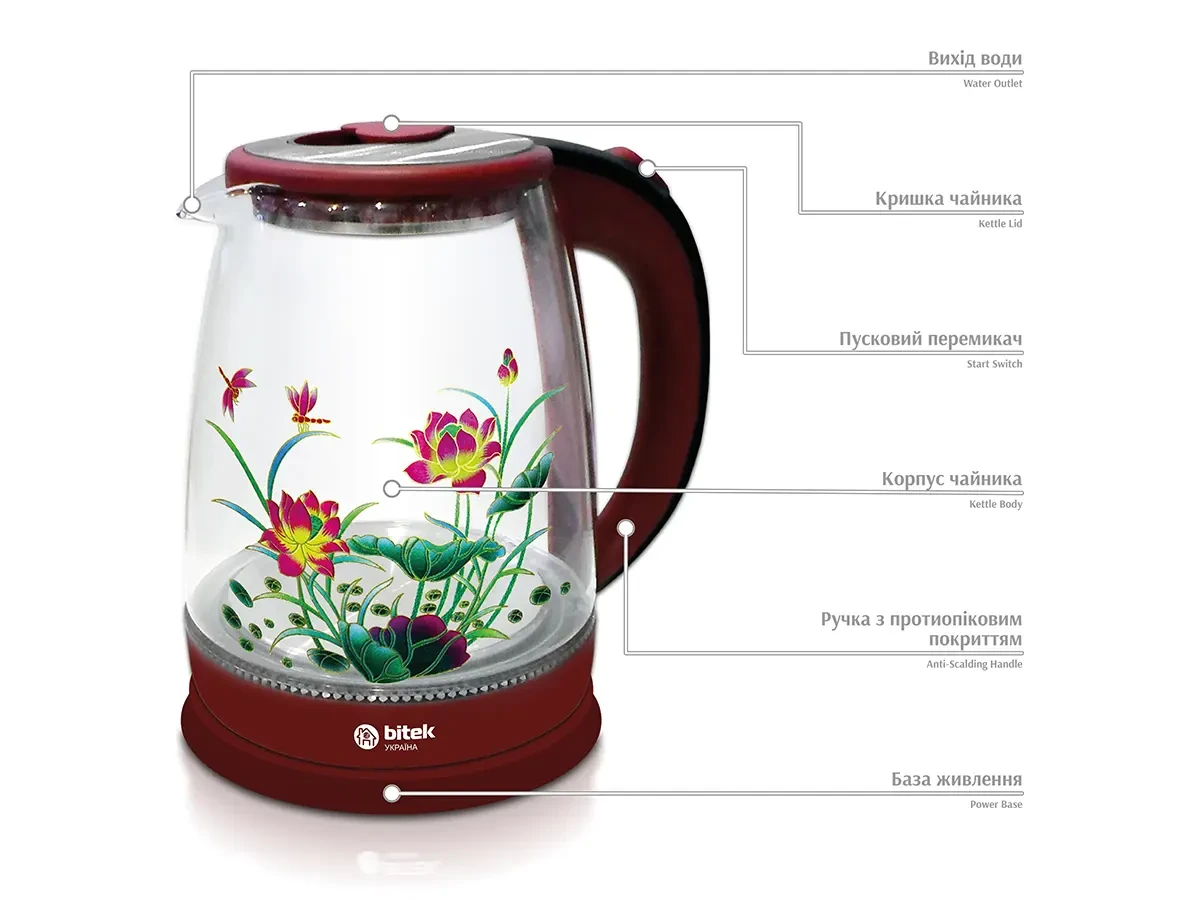 Electric glass kettle with flower 1.8l 2400W blue LED-light BITEK BT-3111