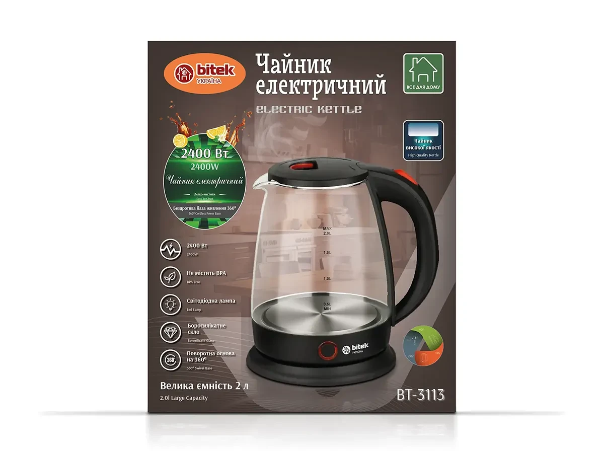 Electric glass kettle 2.0l 2400W BITEK BT-3113
