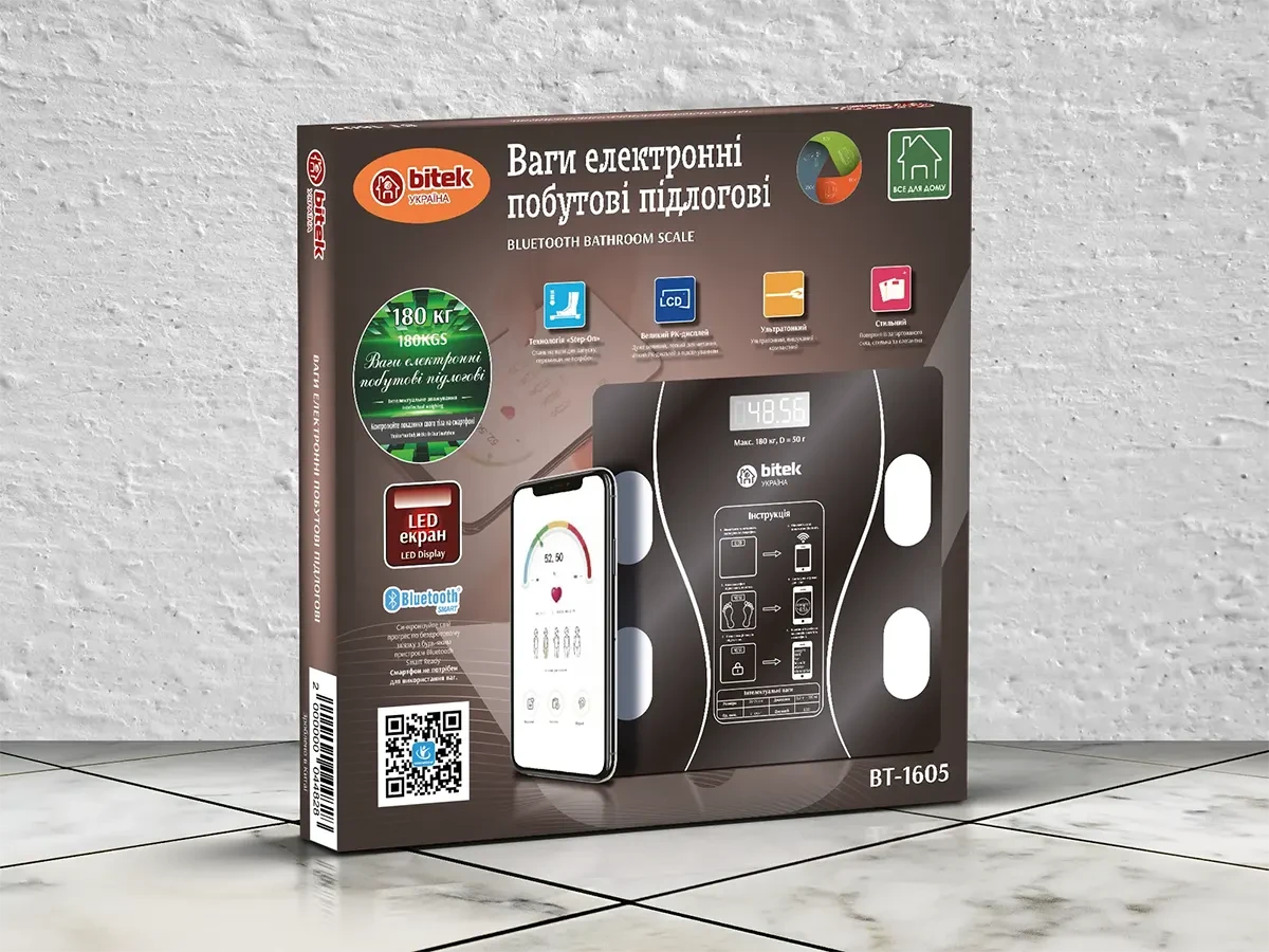 Electronic household floor scales 180kg glass square LED screen BITEK BT-1605