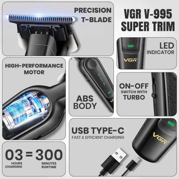 Professional cordless beard and mustache trimmer VGR V-995 with 4 interchangeable attachments 1.5-6 mm