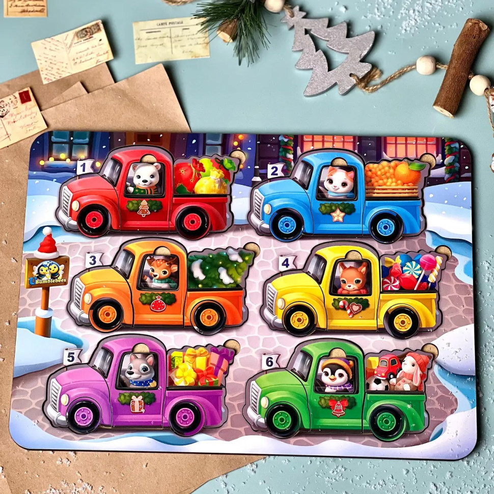 Деревянная игра с карточками "Животные на машинках" Ubumblebees (ПСФ132) PSF132