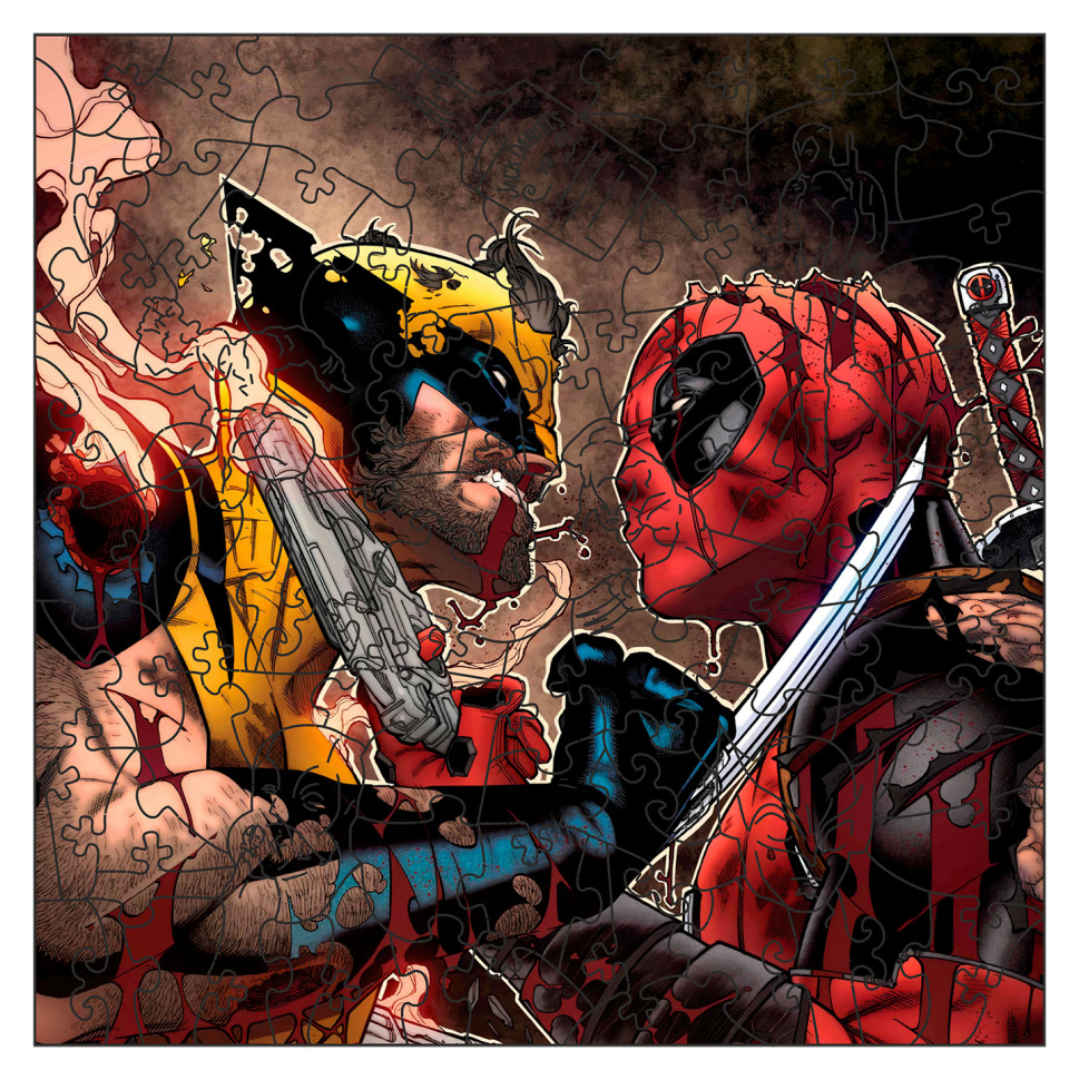 Shaped wooden puzzle "Deadpool and Wolverine" PZ002-A3W-AC 180-250 pieces, A3 with a pouch and a ribbon