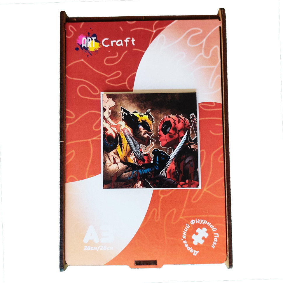 Shaped wooden puzzle "Deadpool and Wolverine" PZ002-A3W-AC 180-250 pieces, A3 with a pouch and a ribbon Shaped wooden puzzle "Deadpool and Wolverine" PZ002-A3W-AC 180-250 pieces, A3 with a pouch and a ribbon