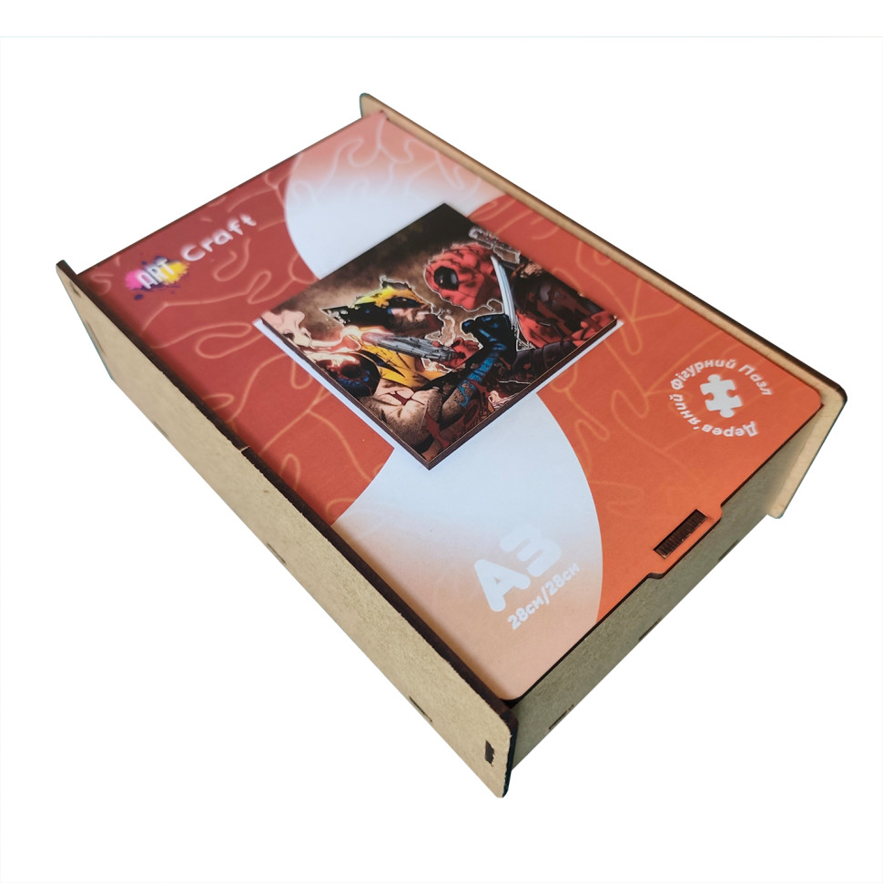 Shaped wooden puzzle "Deadpool and Wolverine" PZ002-A3W-AC 180-250 pieces, A3 with a pouch and a ribbon Shaped wooden puzzle "Deadpool and Wolverine" PZ002-A3W-AC 180-250 pieces, A3 with a pouch and a ribbon