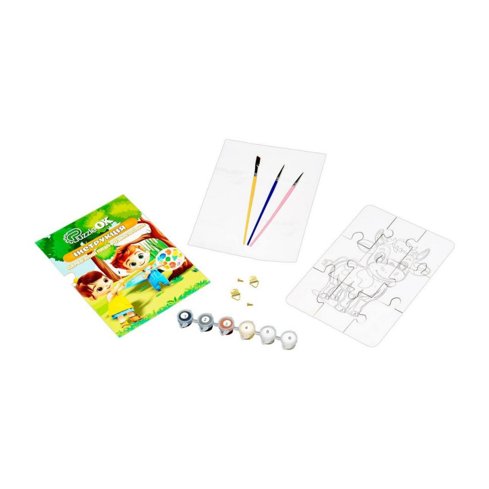 Wooden A5 Coloring Puzzle "Cow" Puz-22936, brush, paints, adhesive film