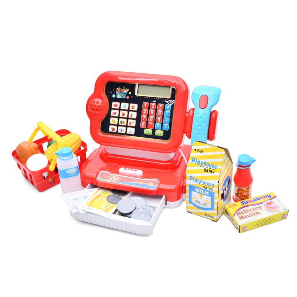 Kids' toy cash register 6178F calculator, scanner, sound, light, basket