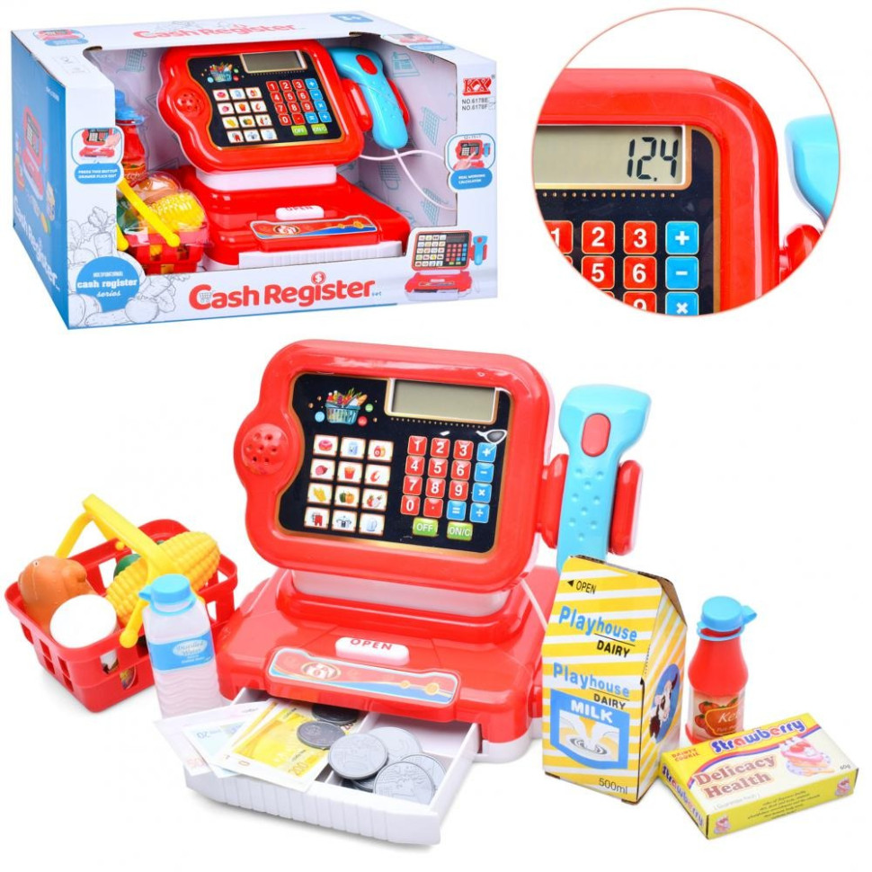 Kids' toy cash register 6178F calculator, scanner, sound, light, basket Kids' toy cash register 6178F calculator, scanner, sound, light, basket