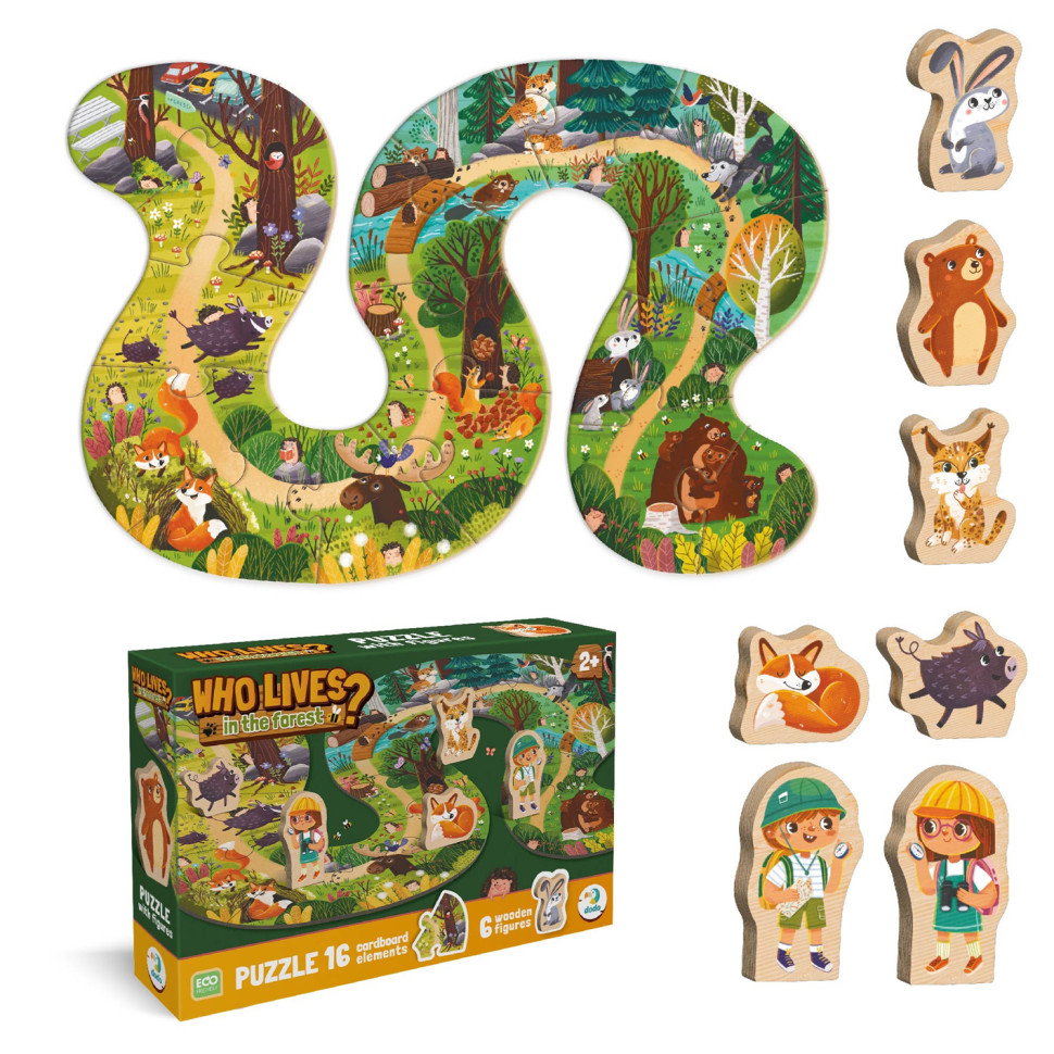 Children's puzzle with wooden figures "Who lives in the forest?" 300608, 16 pieces