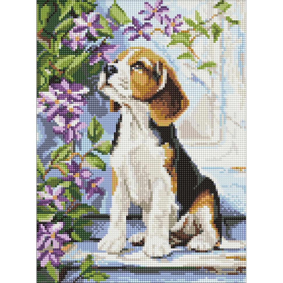 Diamond mosaic "Beagle at flowers" AMO20375, 30x40 cm