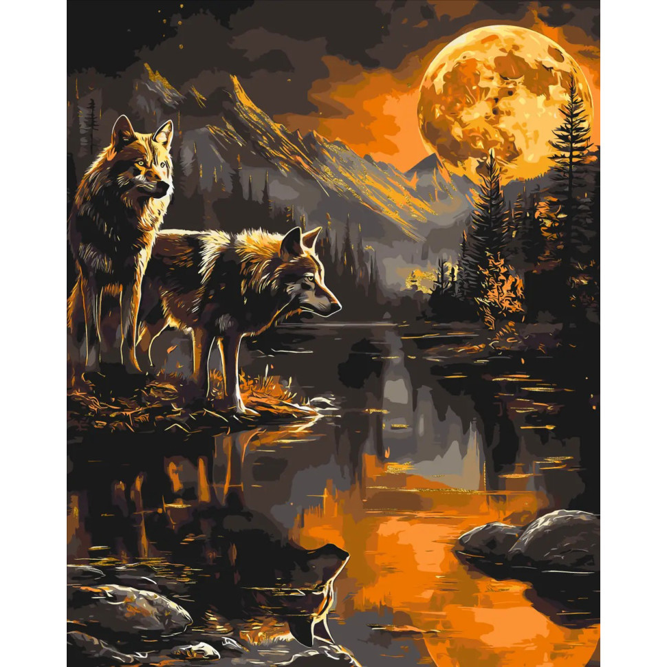 Painting by numbers "A Pair of Wolves at Night" LW30780 with metallic paints 40x50 cm