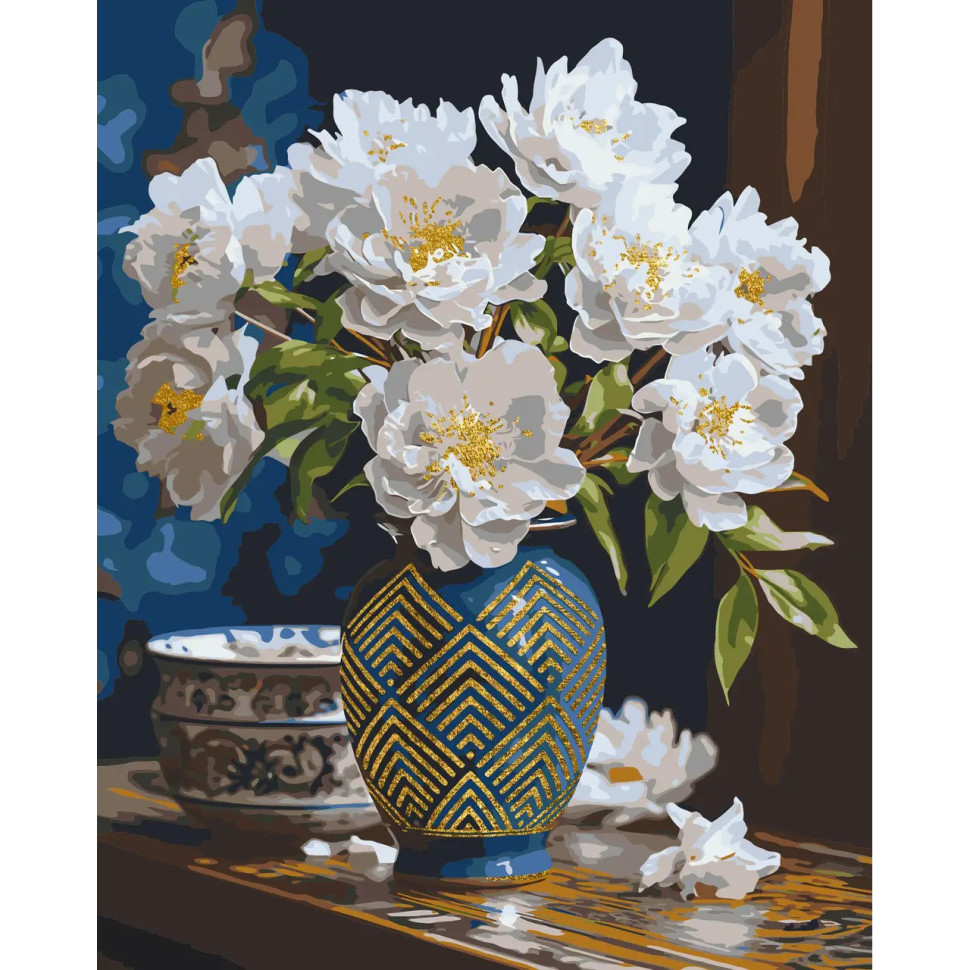 Painting by numbers "White flowers in a vase" LW31350 with metallic paints gold 40x50 cm